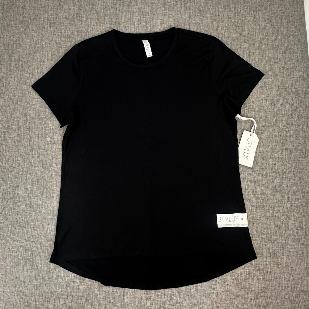 NEW! Women's Stylus Basic Black Shirt medium $36 Cotton Blend Short Sleeve Round